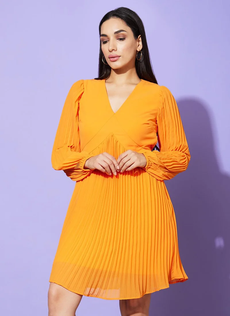 globus Globus Women Orange Self Design V Neck Georgette A Line Dress